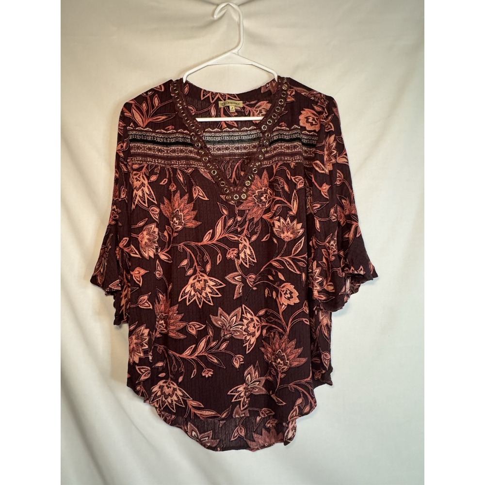Democracy Womens Small Boho Floral Blouse Bell Sleeve Grommet V Neck Burgundy